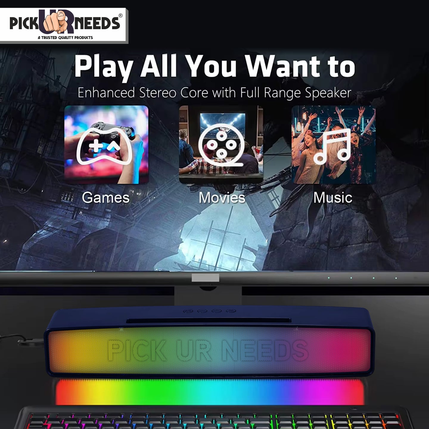 Pick Ur Needs Wireless Home TV Speaker Soundbar WIth RGB Light USB/TF Card/AUX Supported 4Hrs 10 W Bluetooth Soundbar (Black, 5.0 Channel)